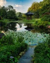 Traditional Korean wooden pavilion reflecting on pond water in Garden of Morning Calm