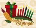Traditional Kwanzaa Elements with Greeting Message and Gift, Vector Illustration