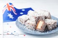 Traditional Lamington cakes or dessert for Australia Day party Royalty Free Stock Photo