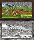 Traditional Land Tilling Vector Illustration Set in Woodcut Style