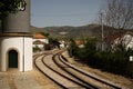 PinhÃÂ£o train station with Douro Valley vineyards hills as background view. Royalty Free Stock Photo