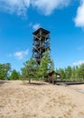 Traditional landscape of a wooden observation tower surrounded by pine trees in the forest, Rannametsa vaatetorn, PÃÂ¤rnu county,