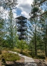 Traditional landscape of a wooden observation tower surrounded by pine trees in the forest, Rannametsa vaatetorn, PÃÂ¤rnu county,