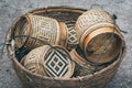 Traditional Laotian decorated rice baskets used for sacred Buddhist alms giving ceremony in Luang Prabang city, Laos