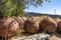 Large clay jugs for storing wine piled near a vineyard, Cyprus. Royalty Free Stock Photo