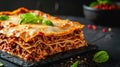 Traditional lasagna with beef bolognese and bechamel sauce, garnished with basil, Ai Generated