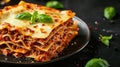 Traditional lasagna with beef bolognese and bechamel sauce, garnished with basil, Ai Generated