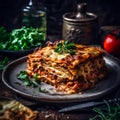 Traditional lasagna with bolognese sauce, covered with basil leaves, served on a plate