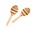 Traditional Latin maracas. Folk Mexican rattle music instrument with bright striped balls and wooden handles. Hispanic