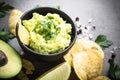 Traditional latinamerican mexican sauce guacamole and chips on b