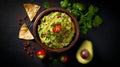 Traditional latinamerican mexican sauce guacamole in clay bowl, cut half avocado. AI Generative