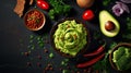 Traditional latinamerican mexican sauce guacamole in clay bowl, cut half avocado. AI Generative