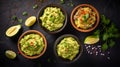 Traditional latinamerican mexican sauce guacamole in clay bowl, cut half avocado. AI Generative