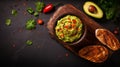 Traditional latinamerican mexican sauce guacamole in clay bowl, cut half avocado. AI Generative