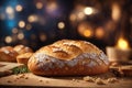 Traditional leavened sourdough bread with rought skin on a rustic wooden table. Healthy food photography