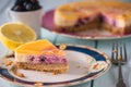 Traditional lemon cheese cake and blueberry