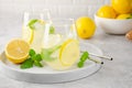 Traditional lemonade with lemon, mint and ice in a glass with metal straw on a gray concrete background. Refreshment summer drink Royalty Free Stock Photo