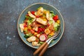 Traditional Levant dish Fattoush salad, Arab cuisine, made with pita bread croutons, vegetables and herbs. Healthy