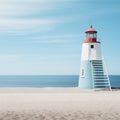 Traditional lighthouse with white ladder, on empty sand beach by the blue ocean. Calm coastal landscape. Generative AI Royalty Free Stock Photo