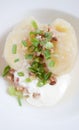 Traditional Lithuanian dish meal cuisine - stuffed meat potato dumpling (Cepelinai,didzkukuliai),Lithuanian national dish, curd