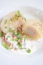 Traditional Lithuanian dish meal cuisine - stuffed meat potato dumpling (Cepelinai,didzkukuliai),Lithuanian national dish, curd