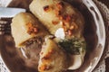 Traditional Lithuanian dish of stuffed potato dumplings cepelinai Royalty Free Stock Photo