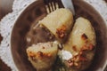 Traditional Lithuanian dish of stuffed potato dumplings - cepelinai Royalty Free Stock Photo