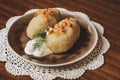 Traditional Lithuanian dish of stuffed potato dumplings cepelinai Royalty Free Stock Photo