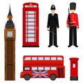 Traditional London sightseeing set vector illustration isolated on white. Royalty Free Stock Photo