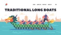 Traditional Long Boats Landing Page Template. Team of Asian Athletes Swim On Dragon Boat. Concept Of Rowing Competition