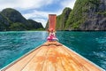 Traditional longtail boat with beautiful scenery view at Maya Bay on Phi Phi Leh Island in sunshine day, Krabi Province, Thailand Royalty Free Stock Photo