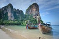 Traditional Longtail boats moored by Railay beach, Krabi