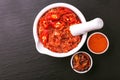 Traditional Maghrebi hot chili pepper sauce paste harissa. adjika