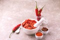 Traditional Maghrebi hot chili pepper sauce paste harissa. adjika