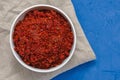 Traditional Maghrebi hot chili pepper sauce paste harissa. Tunisia and Arabic cuisine adjika close up