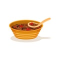 Traditional Malaysian soup in bowl with spoon. Tasty Asian dish. Cooking theme. Flat vector icon