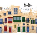 Traditional maltese houses made of sandy stone bricks with various doors, windows and balconies.