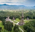 Aerial panoramic view of traditional ancient Maramures wooden orthodox church in Transylvania with highest wooden Royalty Free Stock Photo