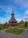 Traditional Maramures wooden architecture of Barsana monastery, Romania Royalty Free Stock Photo