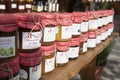 Traditional marmalade bottles for sell at quiet street of Alpuj