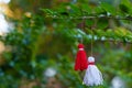 Traditional Martisor on green tree branch - symbol of 1 March, Martenitsa, Baba Marta, beginning of spring and seasons changing in