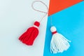 Traditional Martisor - symbol of holiday 1 March, Martenitsa, Baba Marta, beginning of spring and seasons changing in Romania,