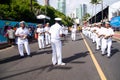 Traditional Marujada group dressed as sailors perform during the Fuzue parade