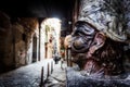 Traditional mask with face of Pulcinella in Spaccanapoli Street, in the old town of Naples, Italy