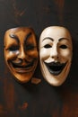 Traditional masks with happy and sad expressions, dualism of authentic and plagiarized art Royalty Free Stock Photo