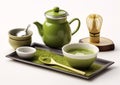 Traditional matcha green tea set with raw powder and ceramic kettle on white background.Macro.AI Generative