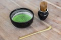 Traditional matcha tee ceremony with bowl, whisk, and scoop Royalty Free Stock Photo