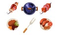 Traditional meat dishes set, kebab, sausage, fried chicken, top view vector Illustration on a white background