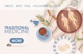 Traditional medicine vector flat landing page template with text space. Plates with different roots, herbs, and seeds. Royalty Free Stock Photo