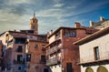 Traditional medieval architecture in the main square of Albarracin, Teruel. Bell tower of the parish of Santa Maria and Santiago,